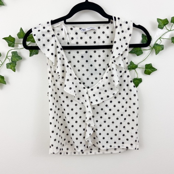 Zara white and black polka dot ruffle tank top S - Picture 2 of 6